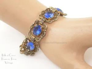 Czech Filigree Vintage Bracelet with Sapphire Blue Glass Stones