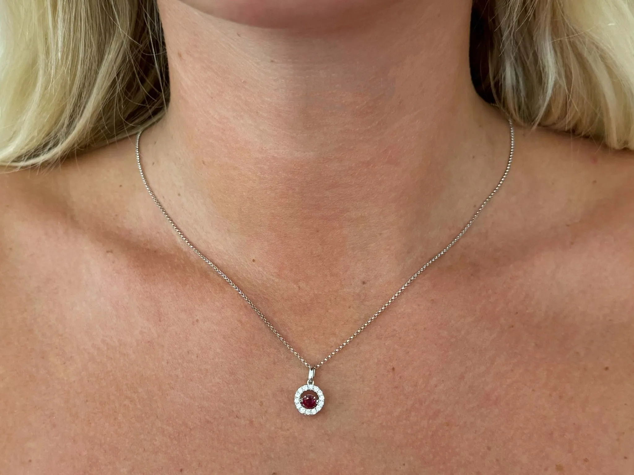 Dancing Gem Round Orange Sapphire Diamond Halo Necklace 18k White Gold