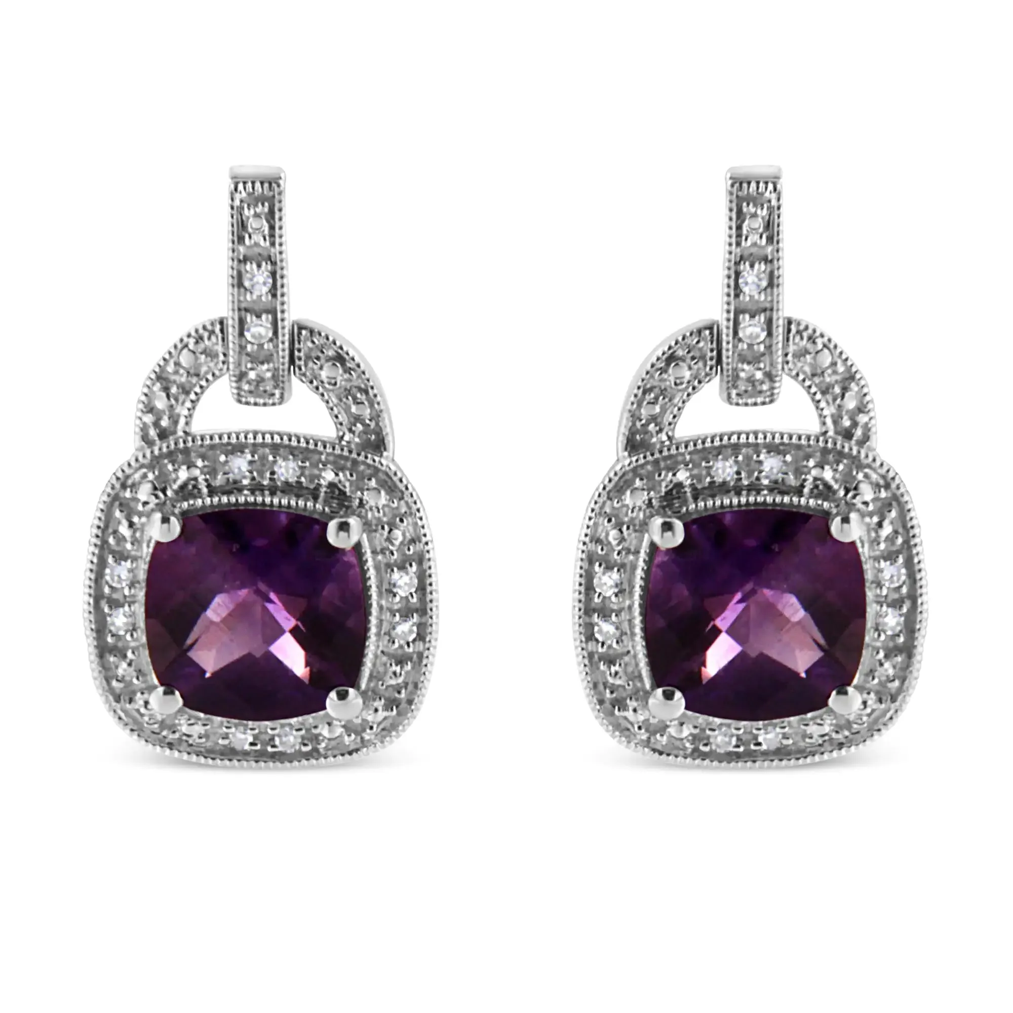 Dangle Amethyst Earrings in .925 Sterling Silver, 8MM Cushion Cut with Diamond Accent Halo