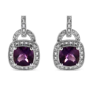 Dangle Amethyst Earrings in .925 Sterling Silver, 8MM Cushion Cut with Diamond Accent Halo