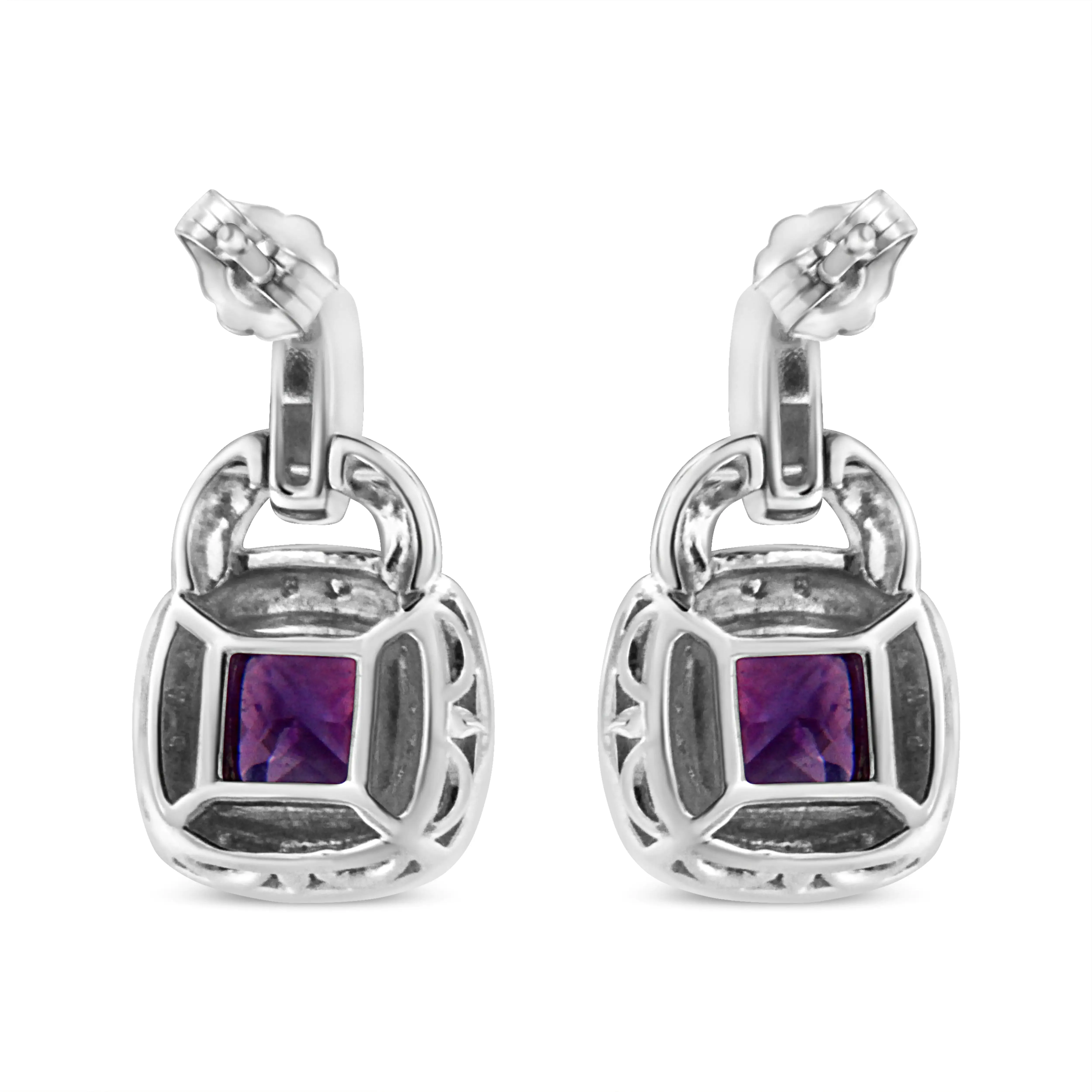 Dangle Amethyst Earrings in .925 Sterling Silver, 8MM Cushion Cut with Diamond Accent Halo