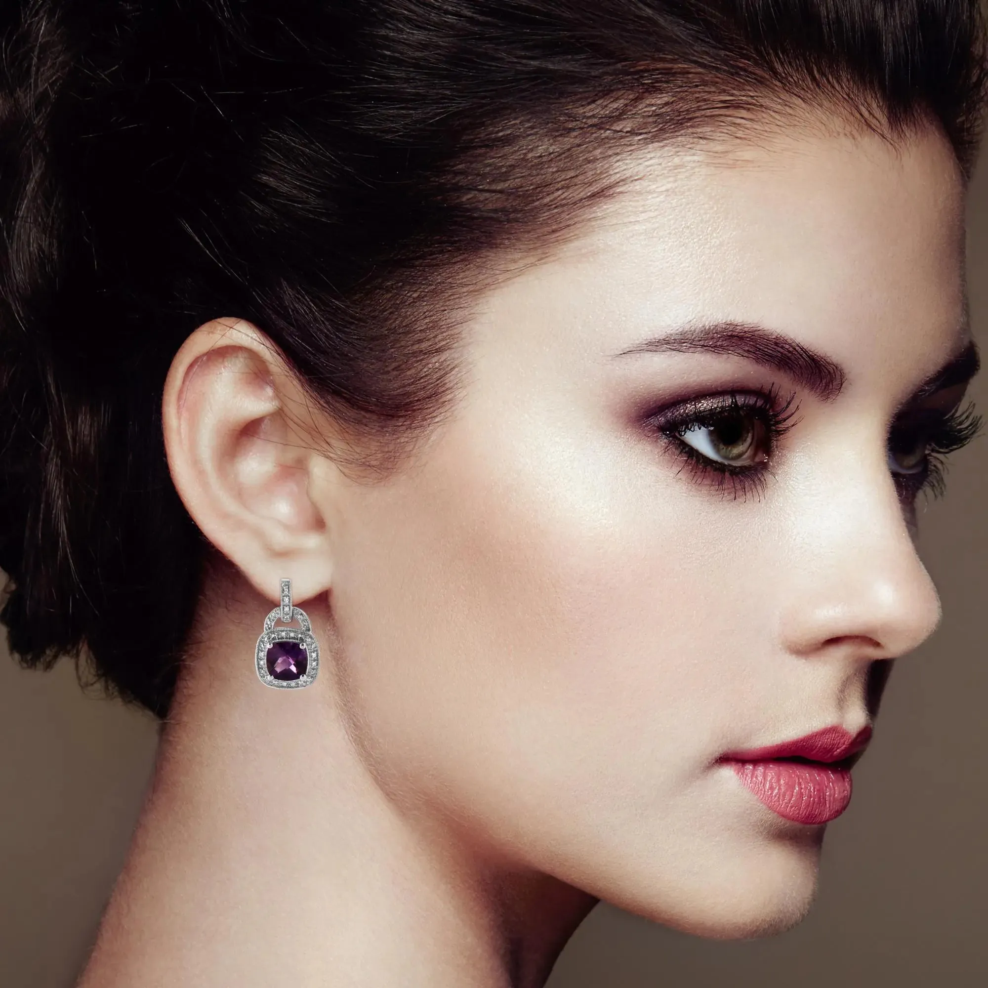 Dangle Amethyst Earrings in .925 Sterling Silver, 8MM Cushion Cut with Diamond Accent Halo