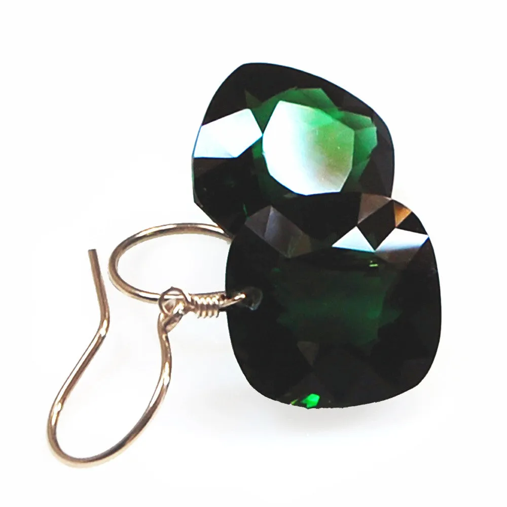 Dark Green Amethyst Cushion Cut Solitaire Earrings