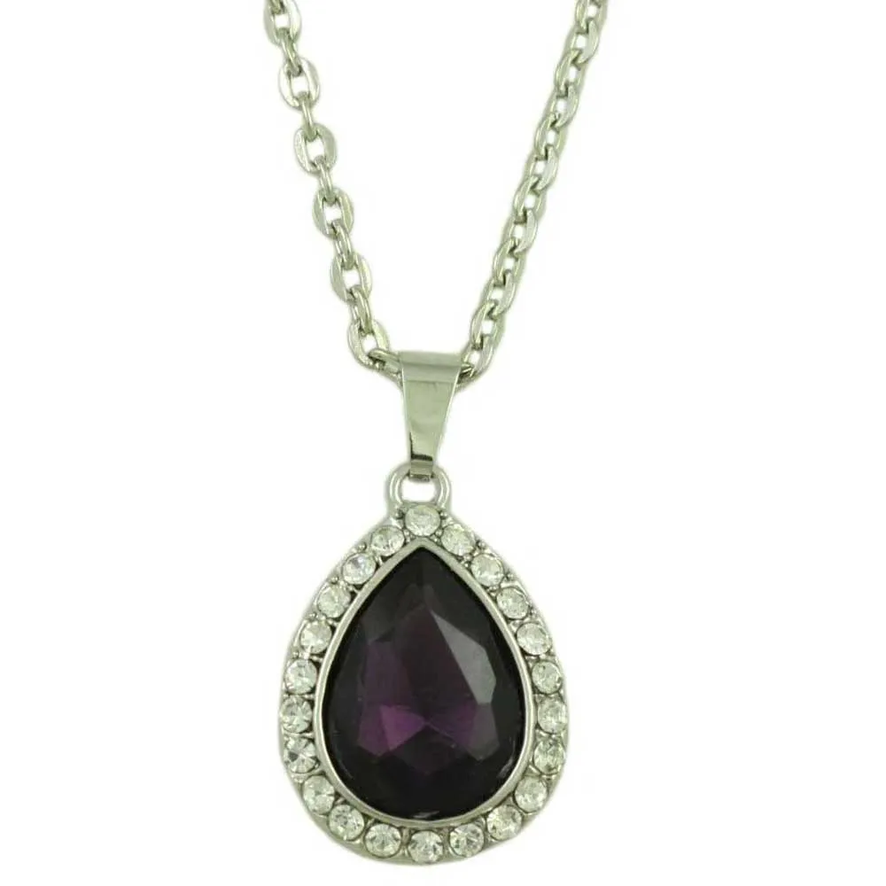 Dark Purple Crystal Teardrop Pendant on Silver Chain - PT410A