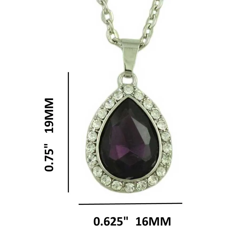 Dark Purple Crystal Teardrop Pendant on Silver Chain - PT410A