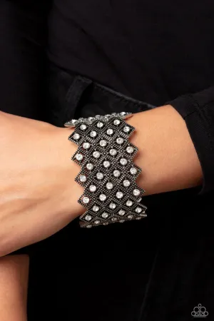 DECO in the Rough - White - Silver Rhinestone Statement Paparazzi Stretchy Bracelet - 2023 Empower Me Pink Exclusive
