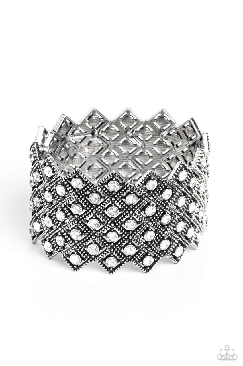 DECO in the Rough - White - Silver Rhinestone Statement Paparazzi Stretchy Bracelet - 2023 Empower Me Pink Exclusive