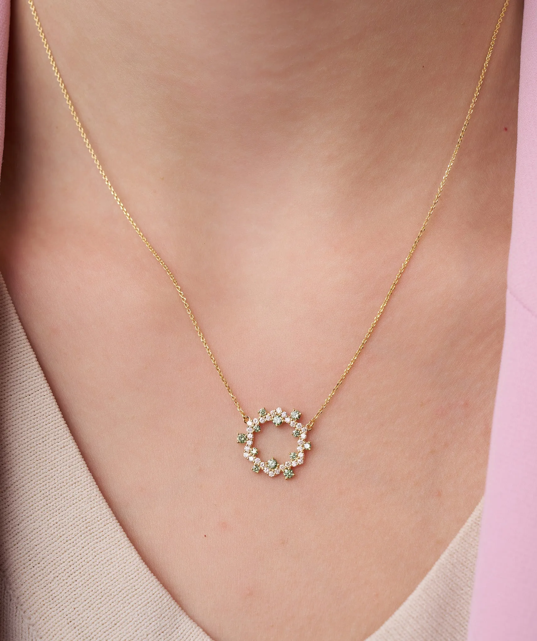 Diamond & Green Gemstone Circle Necklace