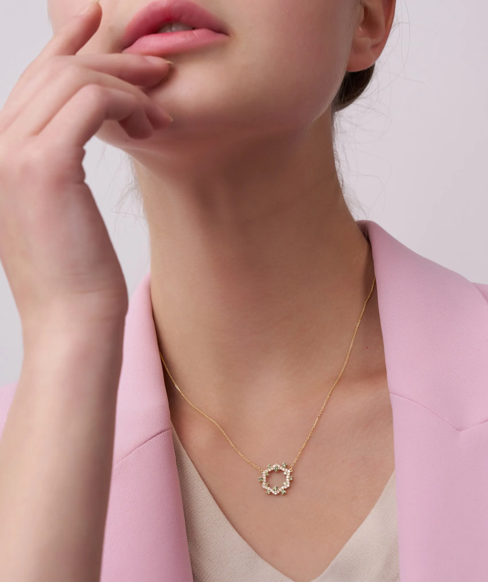 Diamond & Green Gemstone Circle Necklace