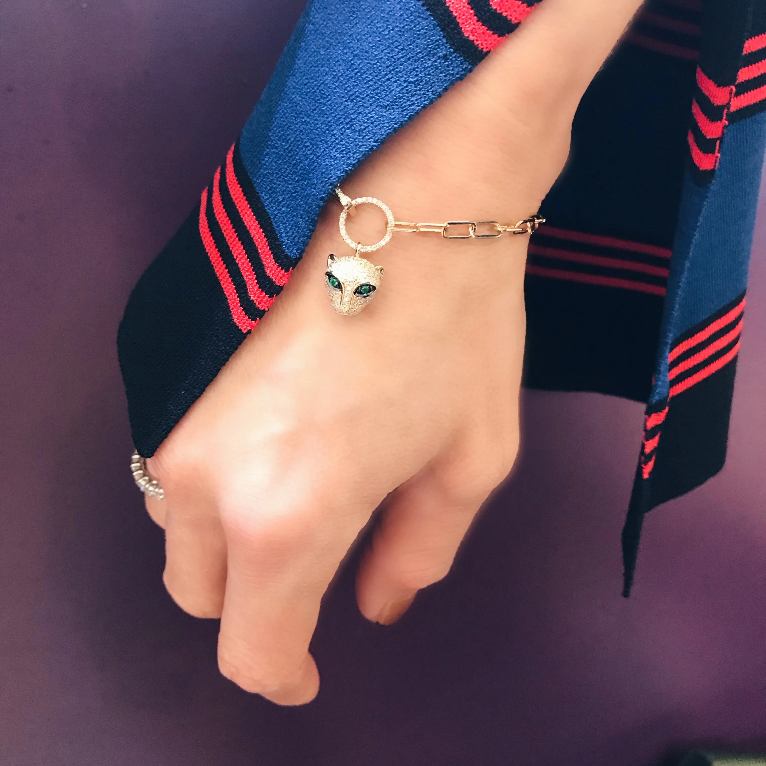 Diamond and Emerald Panther Charm & Chain Bracelet