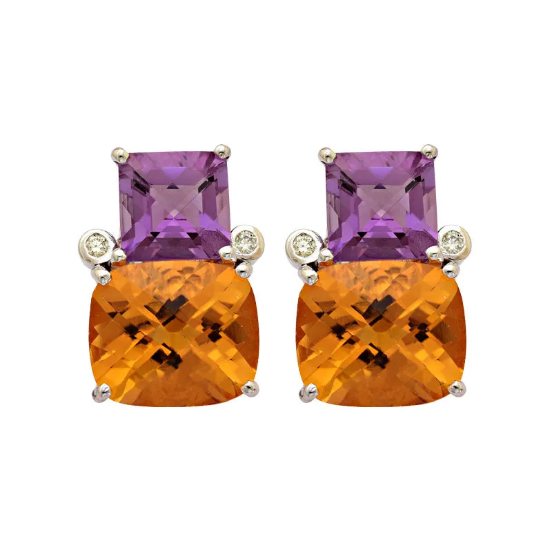 Earrings-Citrine, Amethyst and Diamond