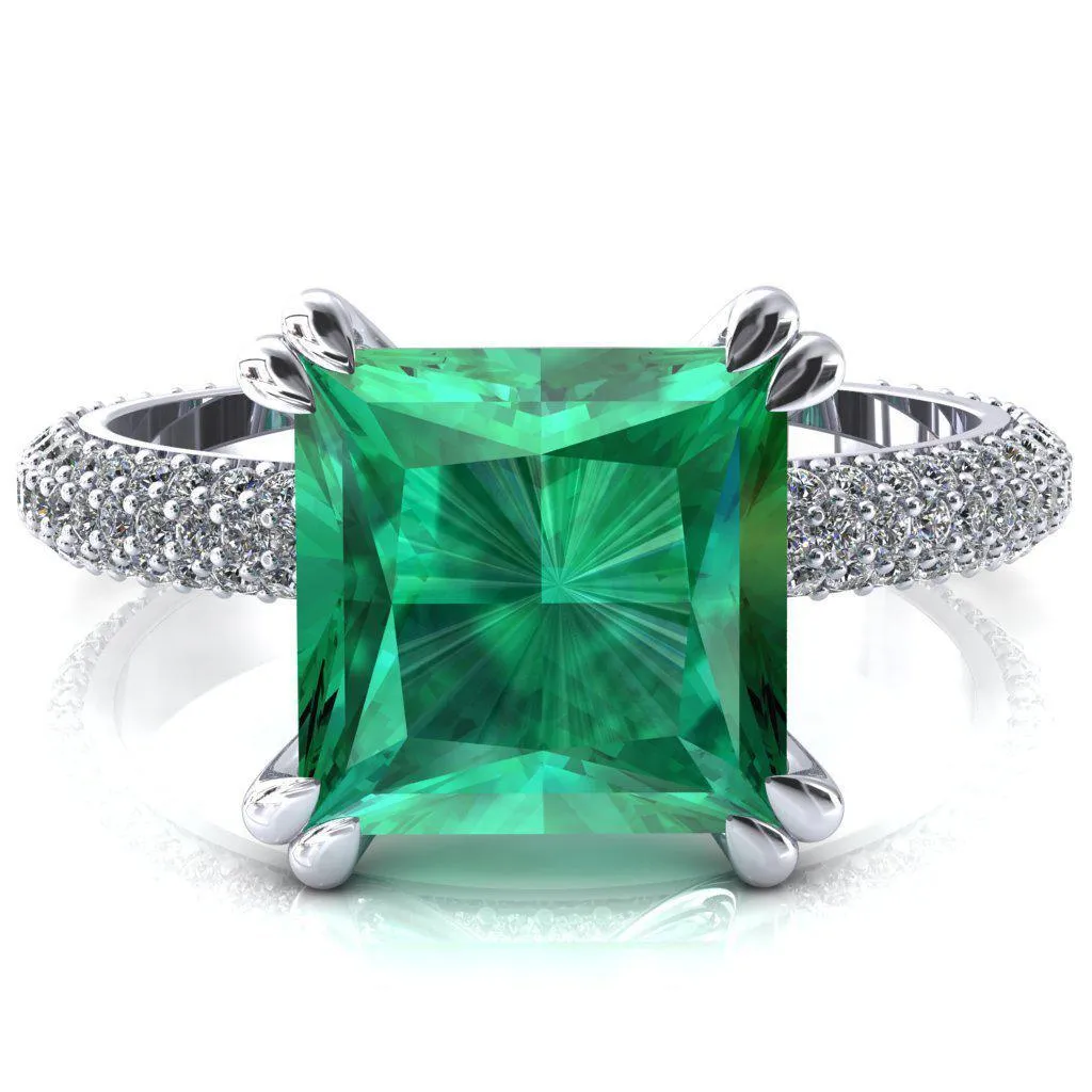 Elley Princess Emerald 4 Claw Prong Diamond Accent Engagement Ring