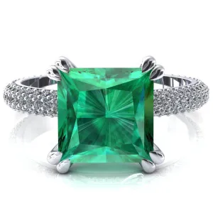 Elley Princess Emerald 4 Claw Prong Diamond Accent Engagement Ring