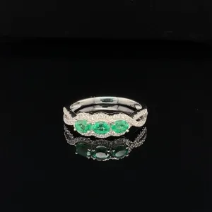 Emerald & Diamond 3-Stone Halo Anniversary Ring in 18k White Gold - (#204 - RGEME063321)