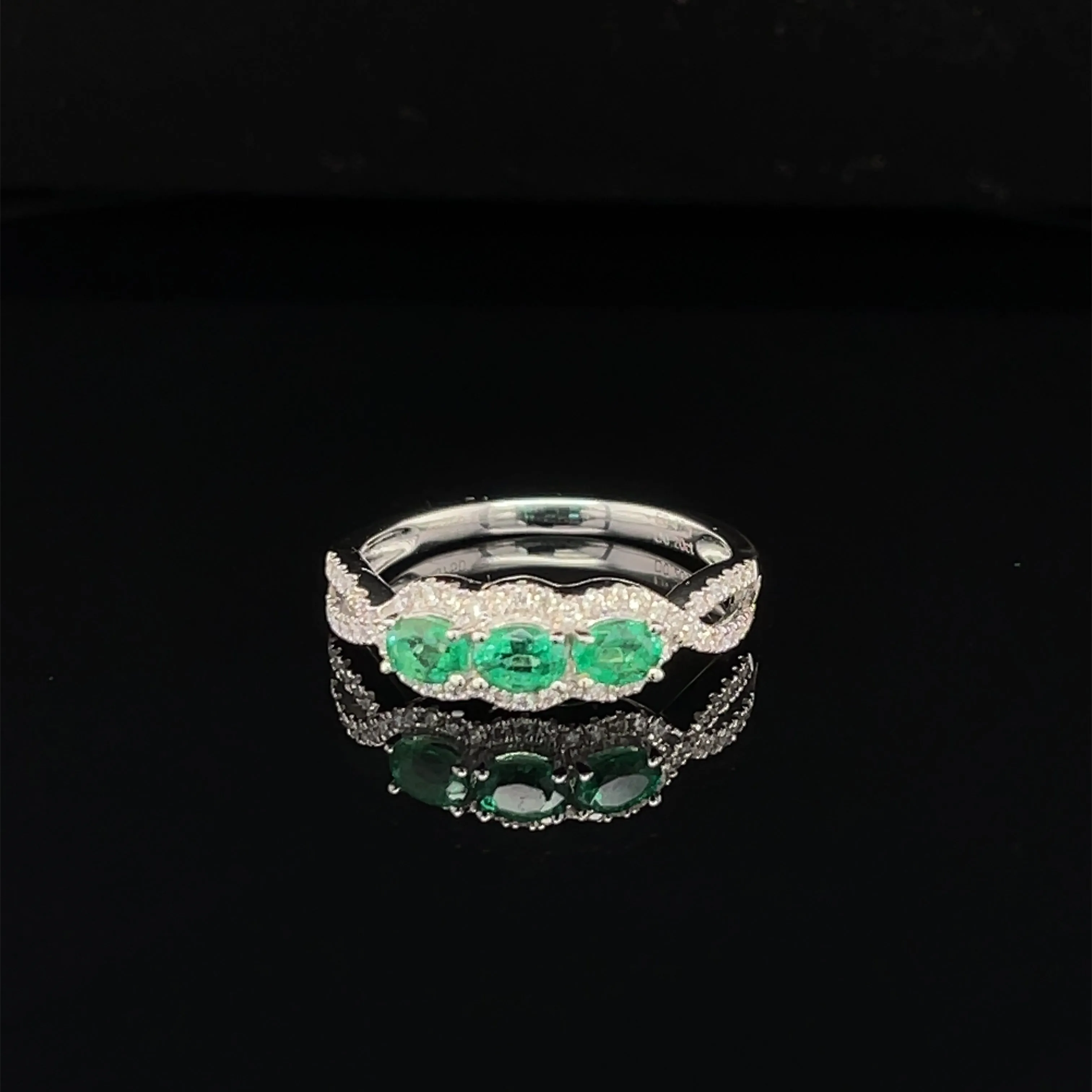 Emerald & Diamond 3-Stone Halo Anniversary Ring in 18k White Gold - (#204 - RGEME063321)