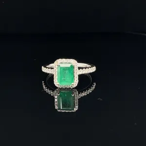 Emerald & Diamond Halo Engagement Ring in 18k White Gold - (#109-RGEME063729)