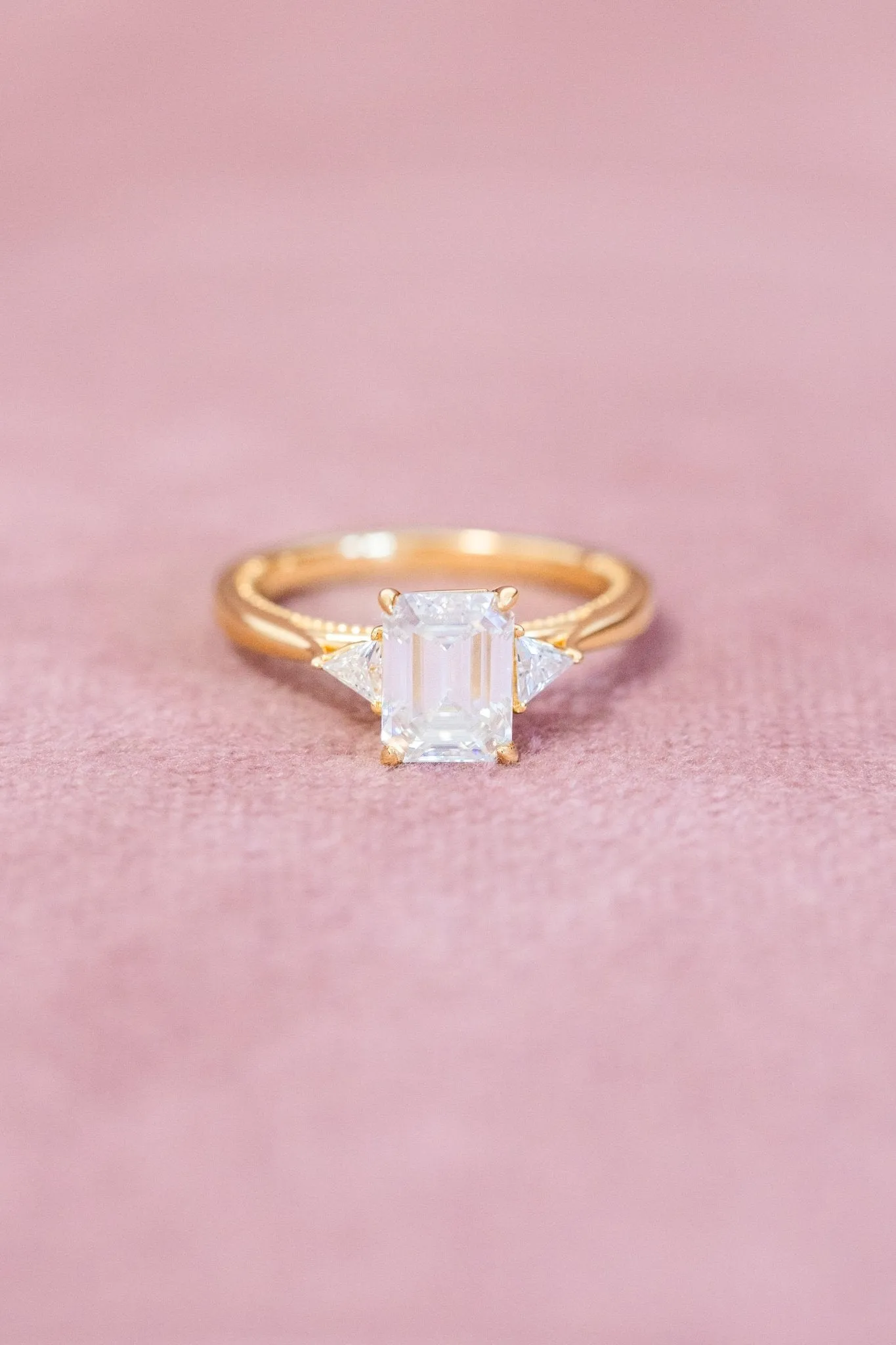 Emerald Cut Moissanite Three Stone Triangles Engagement Ring