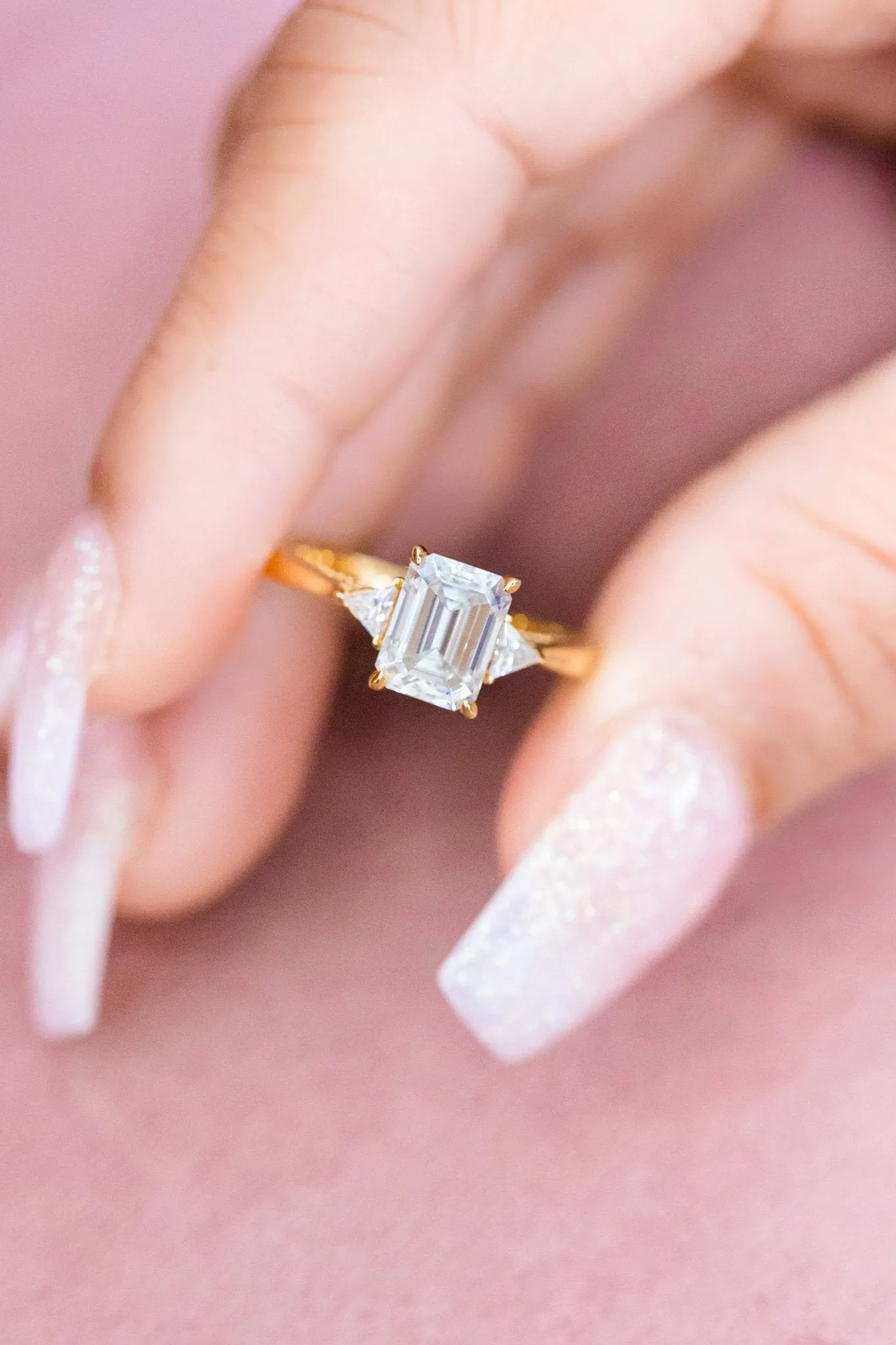 Emerald Cut Moissanite Three Stone Triangles Engagement Ring