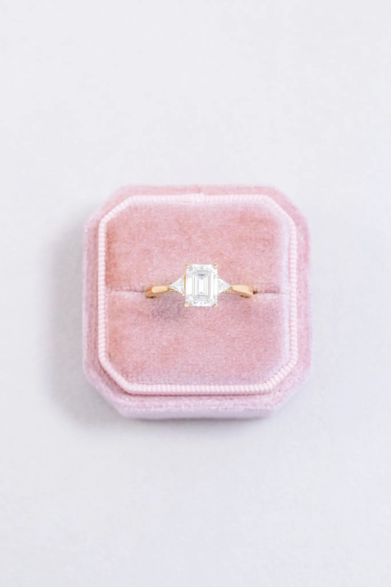 Emerald Cut Moissanite Three Stone Triangles Engagement Ring