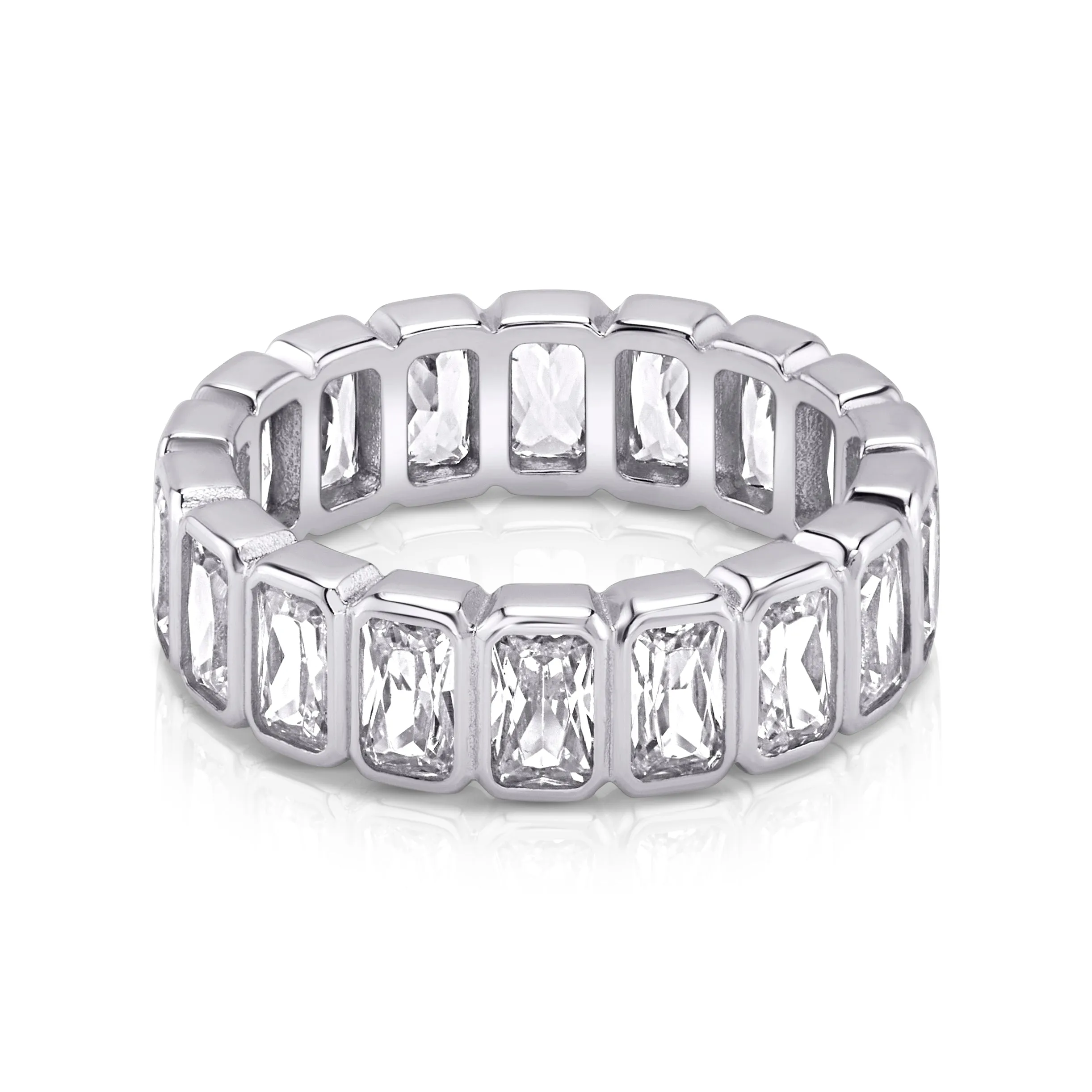 EMERALD CZ ETERNITY RING, SILVER