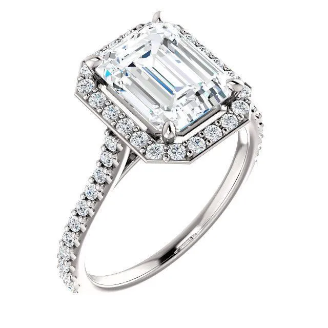 Emerald Moissanite Diamond Accent Ice Halo Bezel Ring
