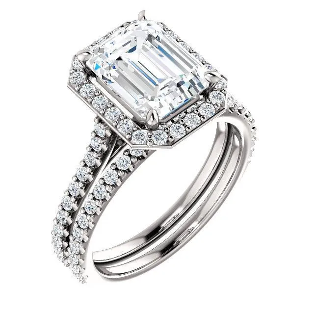 Emerald Moissanite Diamond Accent Ice Halo Bezel Ring