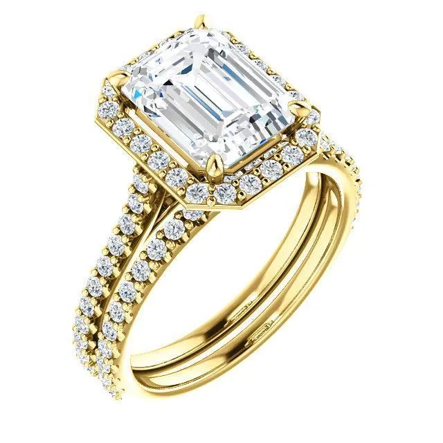 Emerald Moissanite Diamond Accent Ice Halo Bezel Ring