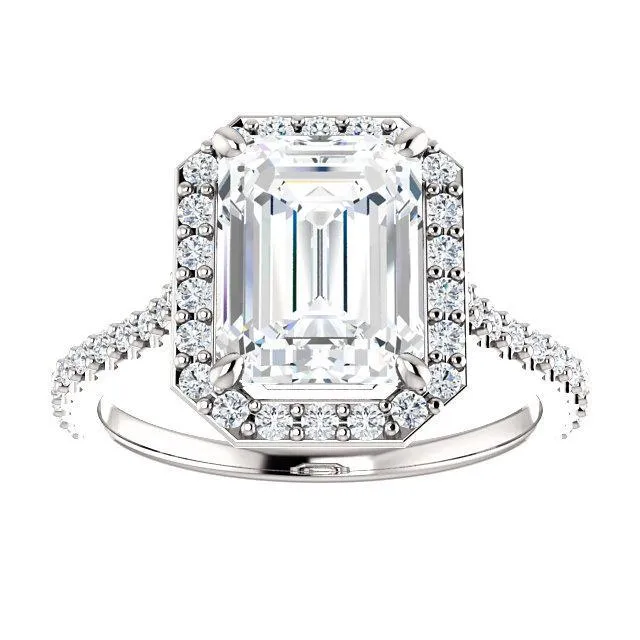 Emerald Moissanite Diamond Accent Ice Halo Bezel Ring