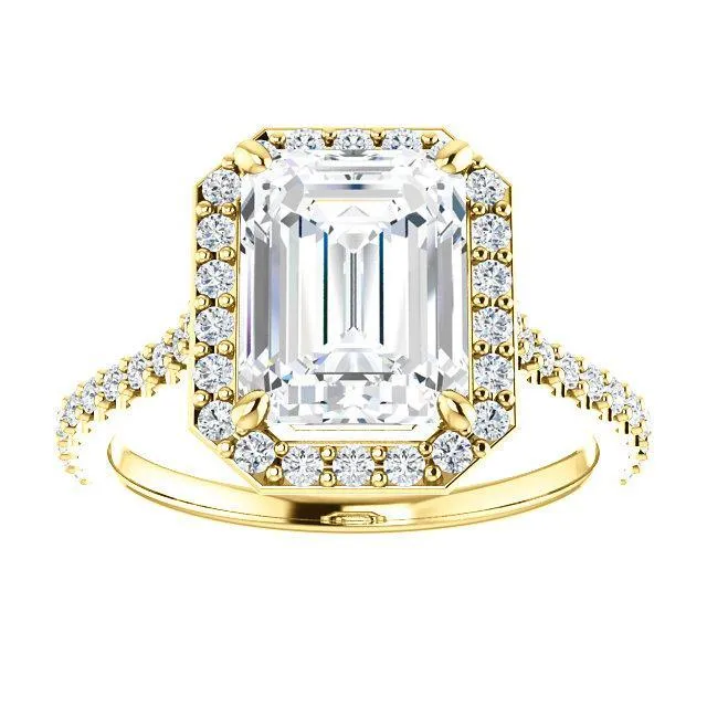Emerald Moissanite Diamond Accent Ice Halo Bezel Ring