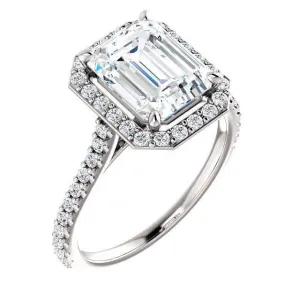Emerald Moissanite Diamond Accent Ice Halo Bezel Ring