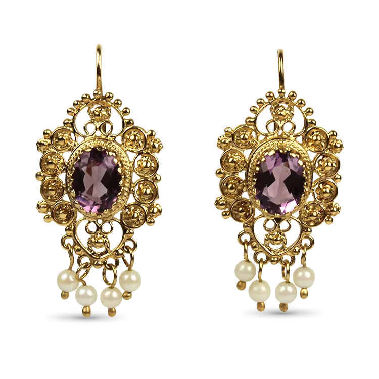 Estate 14k Yellow Gold Amethyst & Pearl Earrings