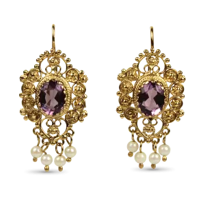 Estate 14k Yellow Gold Amethyst & Pearl Earrings