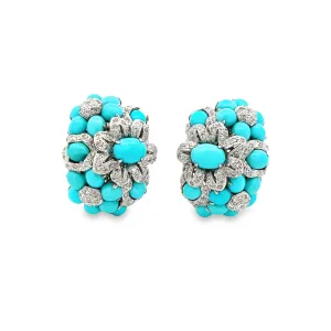 Estate 18k White Gold Diamond & Turquoise Cluster Earrings