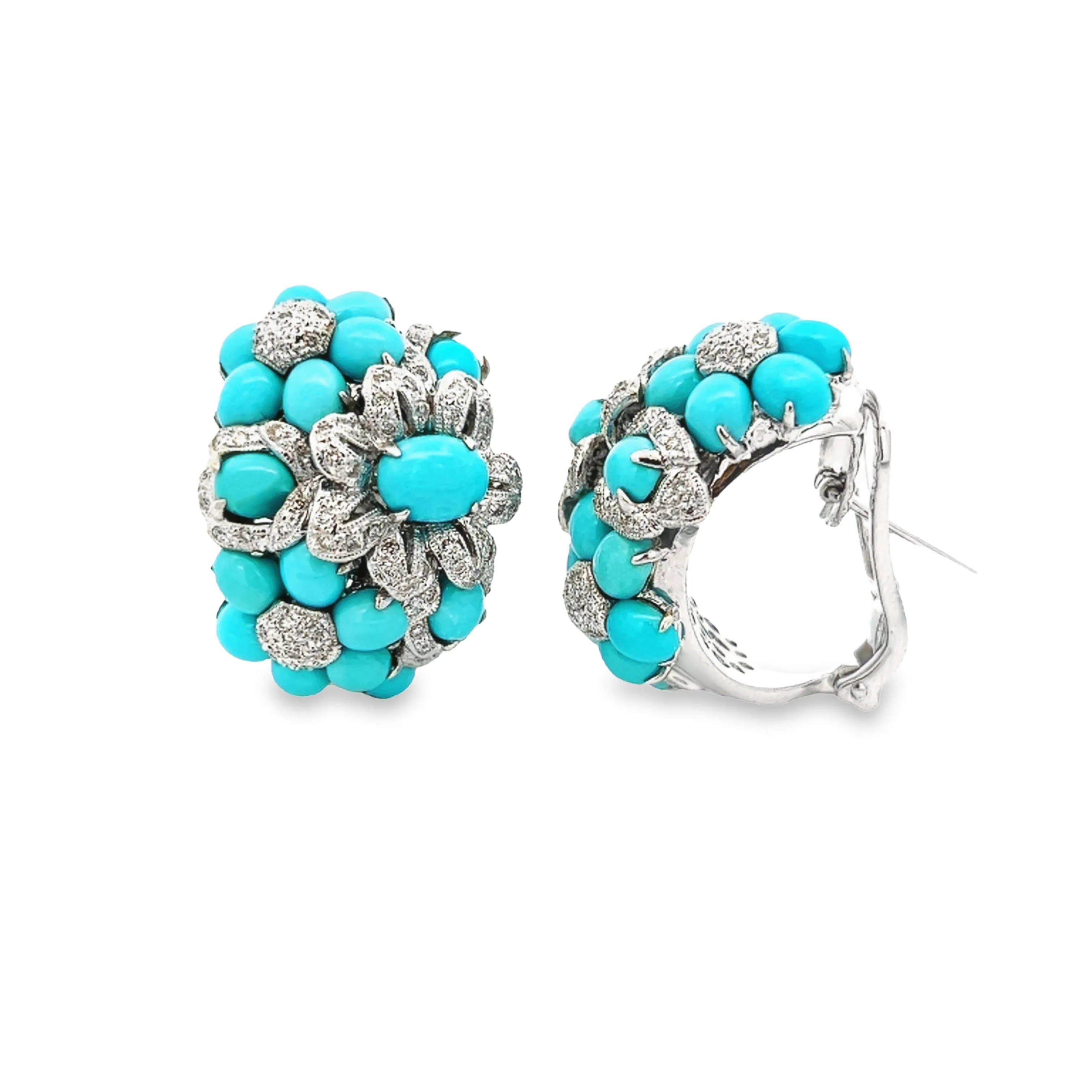 Estate 18k White Gold Diamond & Turquoise Cluster Earrings