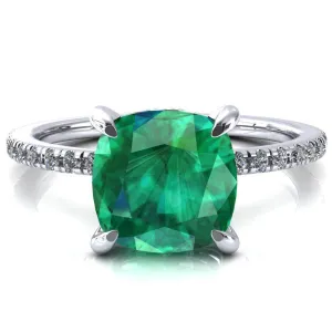 Ezili Cushion Emerald 4 Claw Prong Micro Pave Diamond Sides Engagement Ring