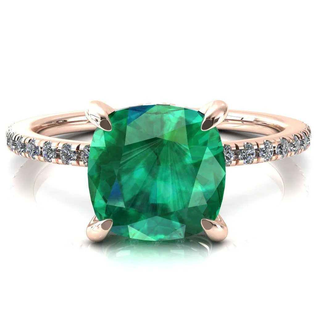 Ezili Cushion Emerald 4 Claw Prong Micro Pave Diamond Sides Engagement Ring
