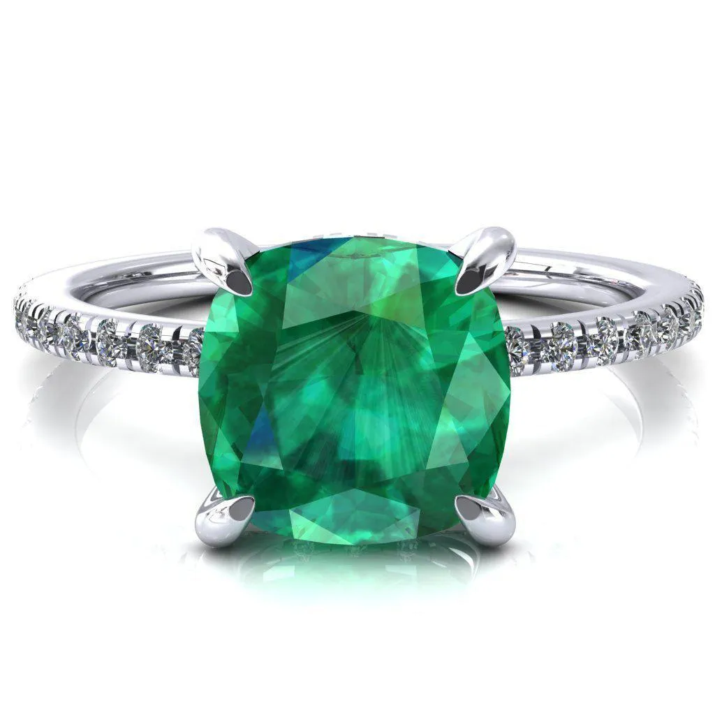 Ezili Cushion Emerald 4 Claw Prong Micro Pave Diamond Sides Engagement Ring