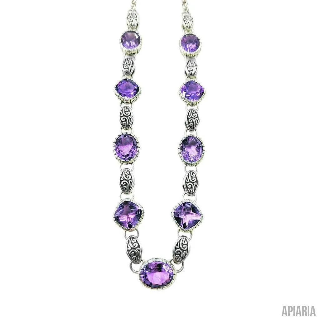 Faceted Amethyst Necklace in Sterling Silver with Matching Hook Earrings