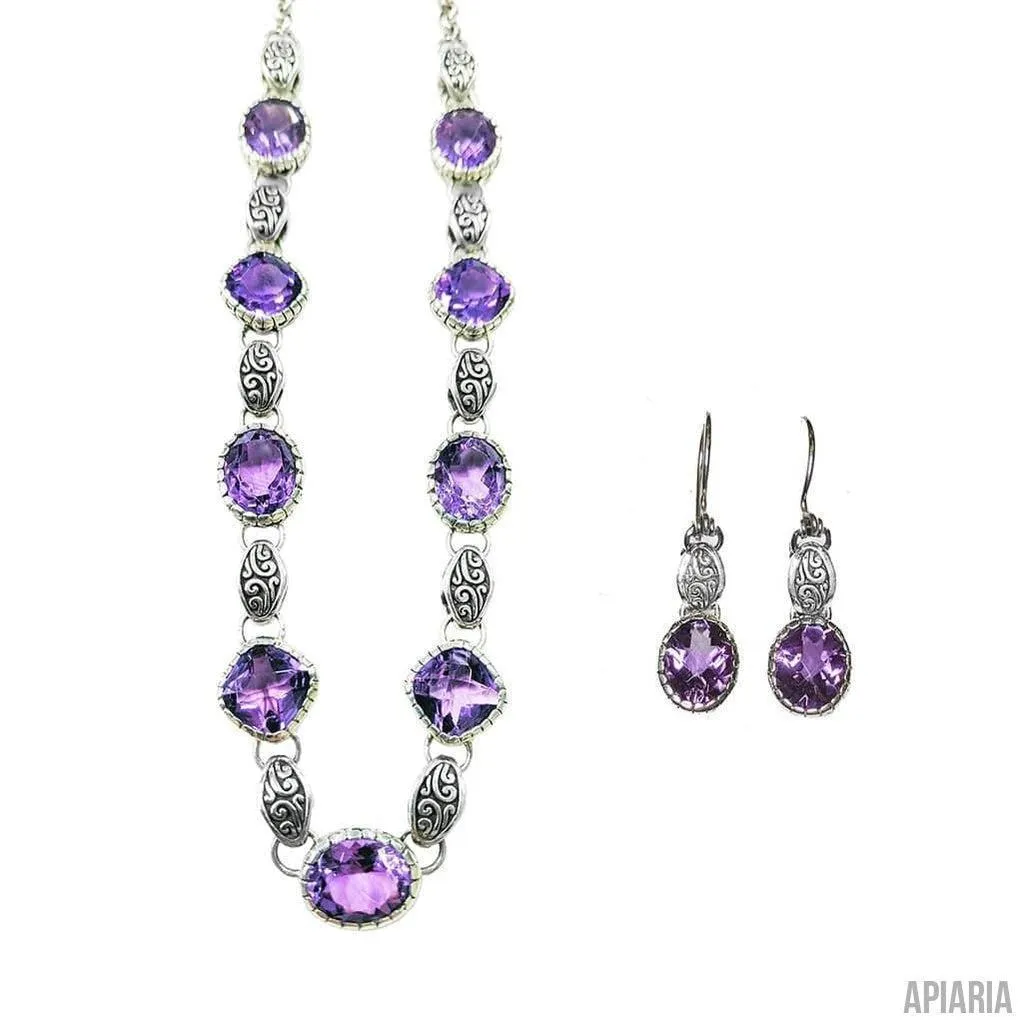Faceted Amethyst Necklace in Sterling Silver with Matching Hook Earrings