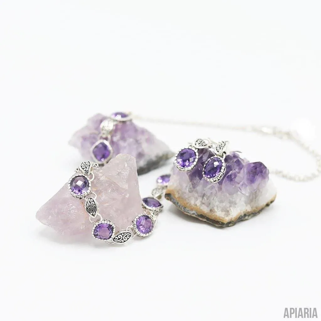 Faceted Amethyst Necklace in Sterling Silver with Matching Hook Earrings