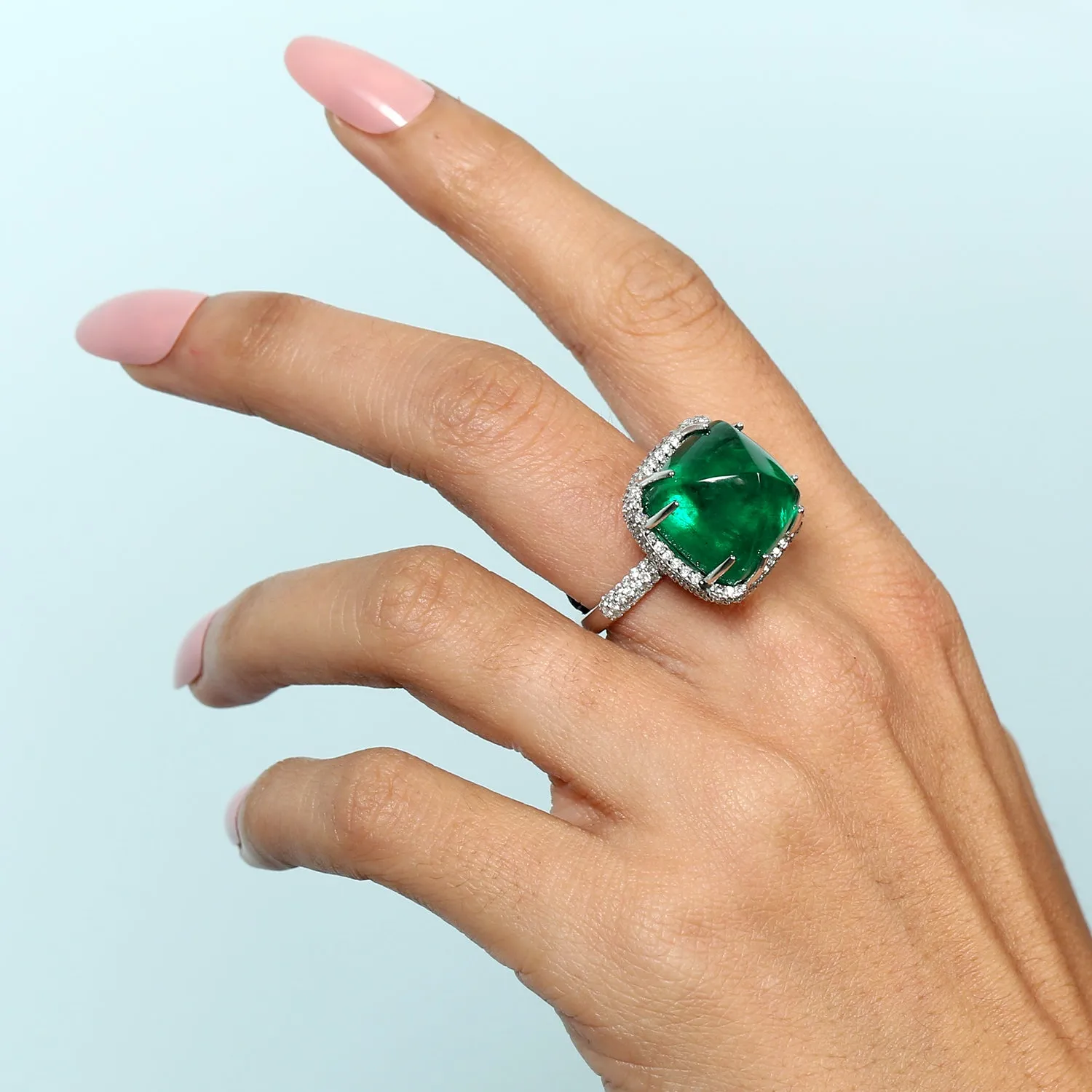 Facted Emerald Pave Diamond Spike Design Cocktail Ring In White Gold Wedding Jewelry