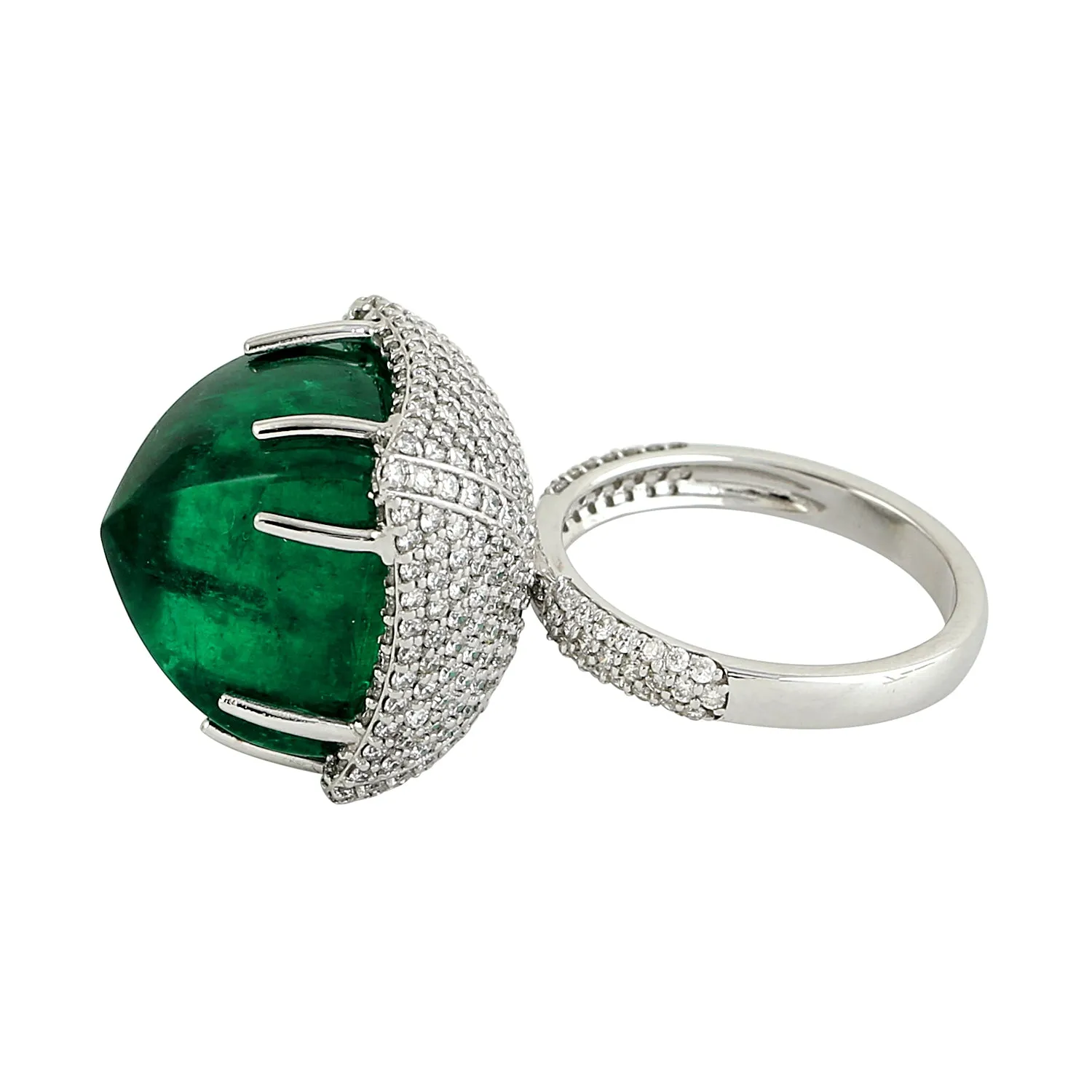 Facted Emerald Pave Diamond Spike Design Cocktail Ring In White Gold Wedding Jewelry