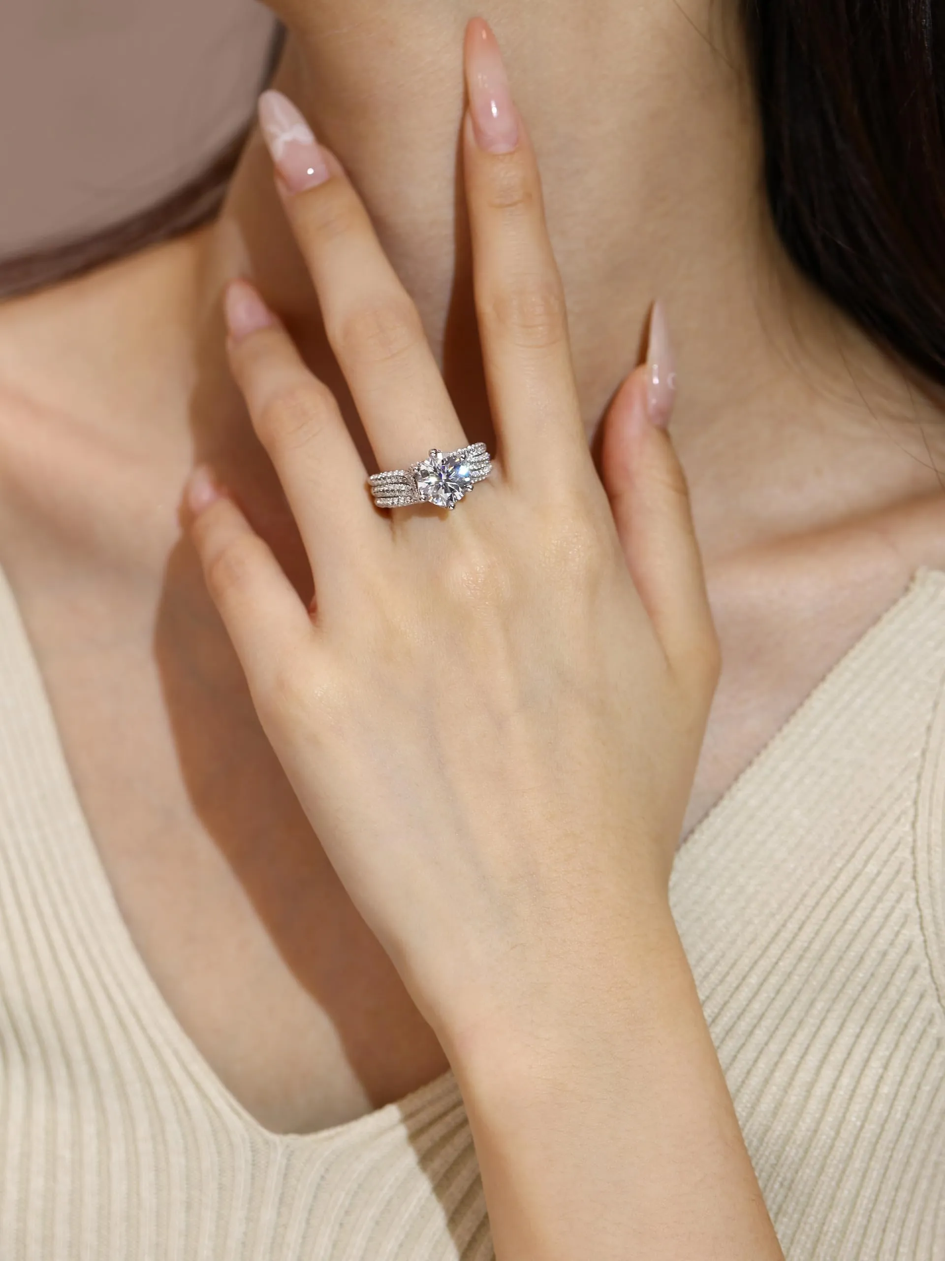 FANCIME Sidestones Round Cut Moissanite Sterling Silver Ring