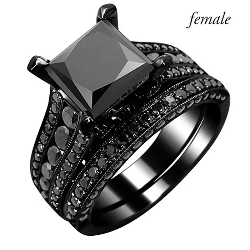 Fashion Couple Jewelry Lovers Rings Women's Black Zircon Engagement Ring Set Men's Stainless Steel Wedding Band Anniversary Gift