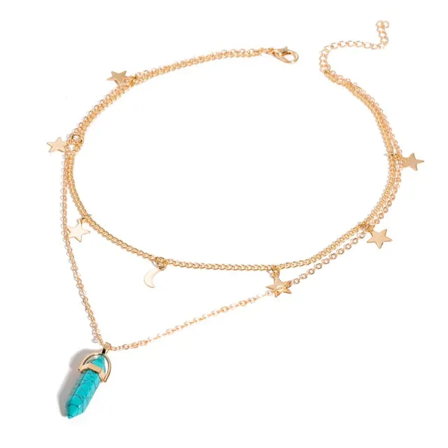 Fashion Trend Bohemian Hexagon Opal Pendant Necklace