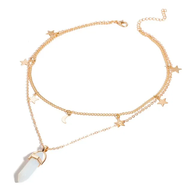 Fashion Trend Bohemian Hexagon Opal Pendant Necklace