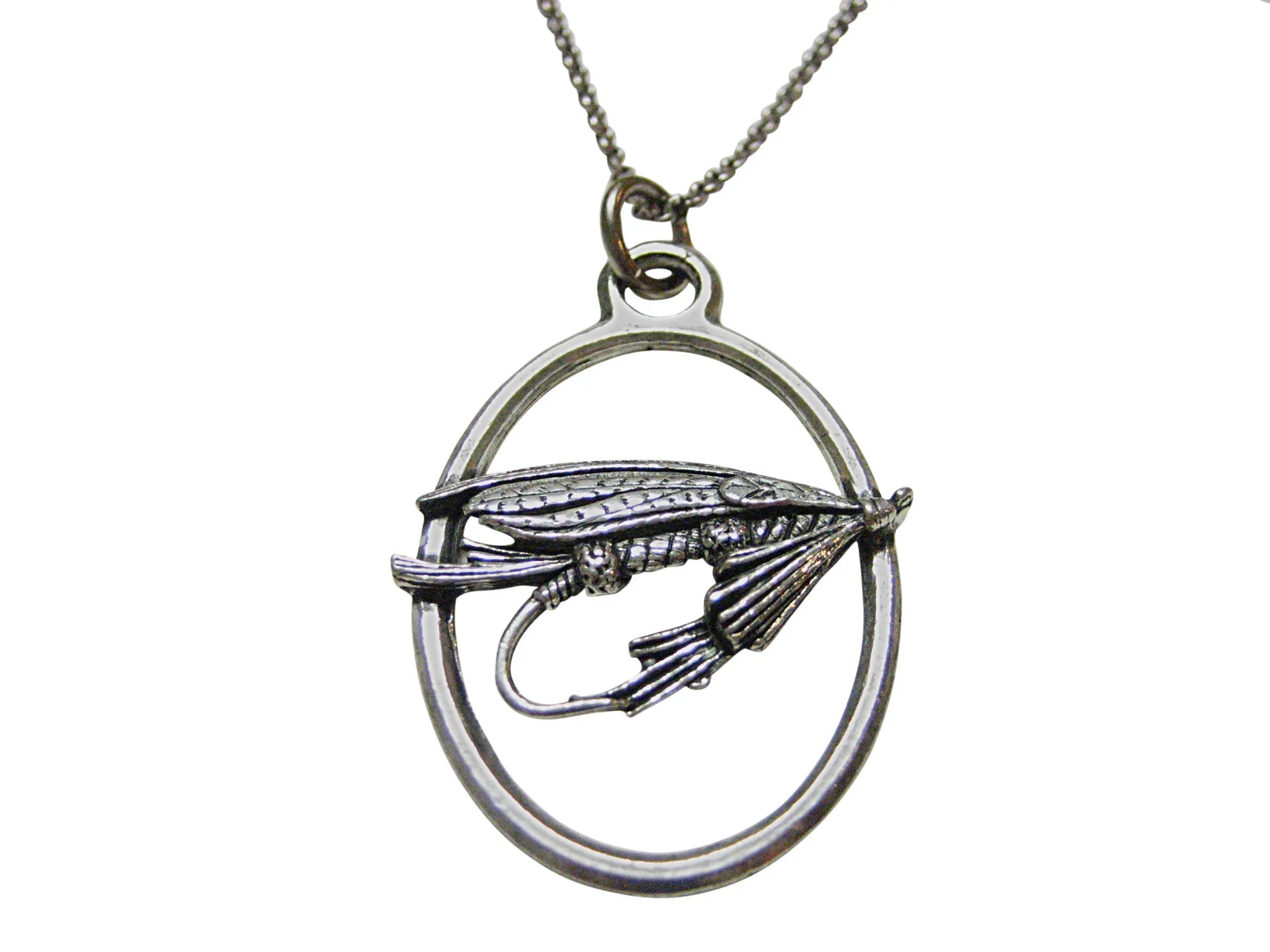 Fishing Fly Large Oval Pendant Necklace