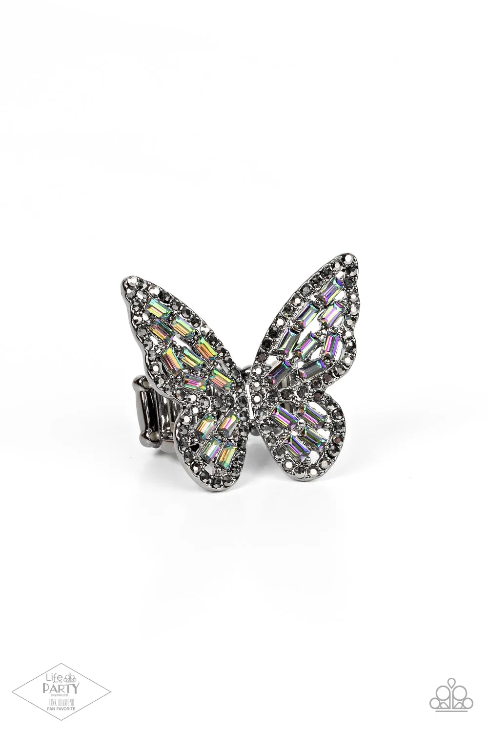 Flauntable Flutter - Multi - Oil Spill Rhinestone and Gunmetal Butterfly Paparazzi Ring