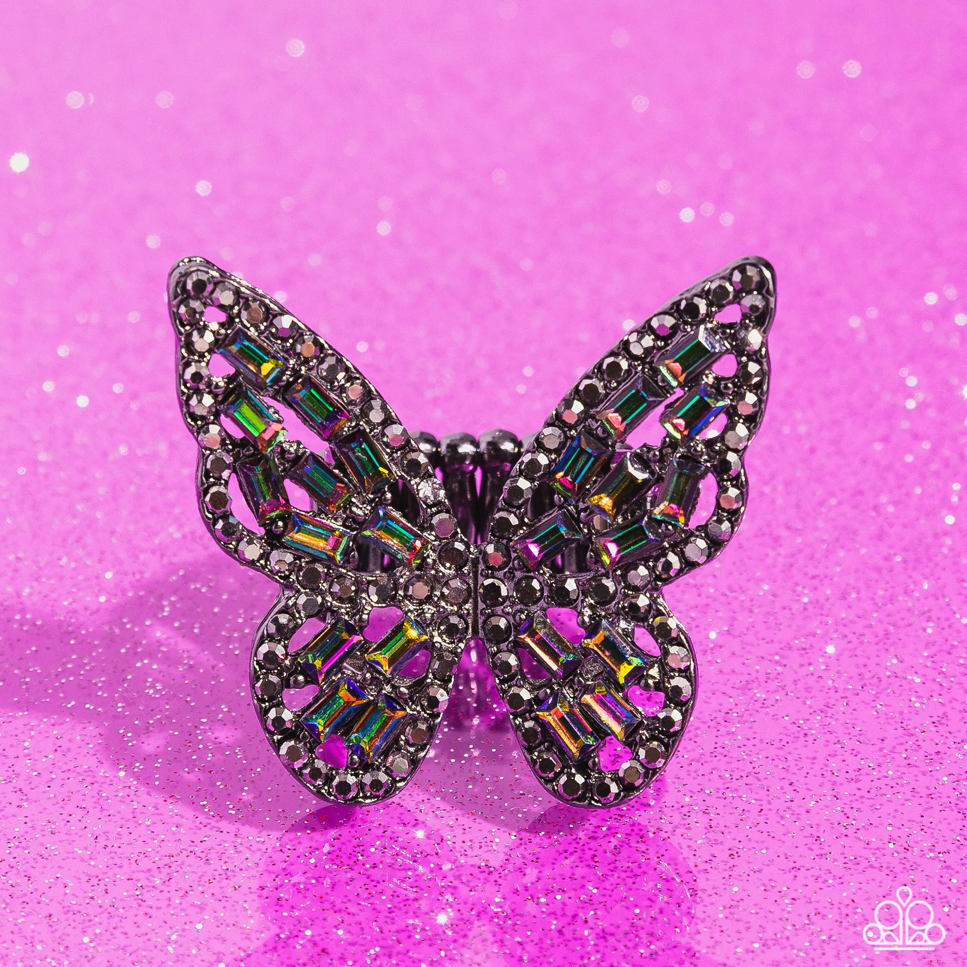 Flauntable Flutter - Multi - Oil Spill Rhinestone and Gunmetal Butterfly Paparazzi Ring