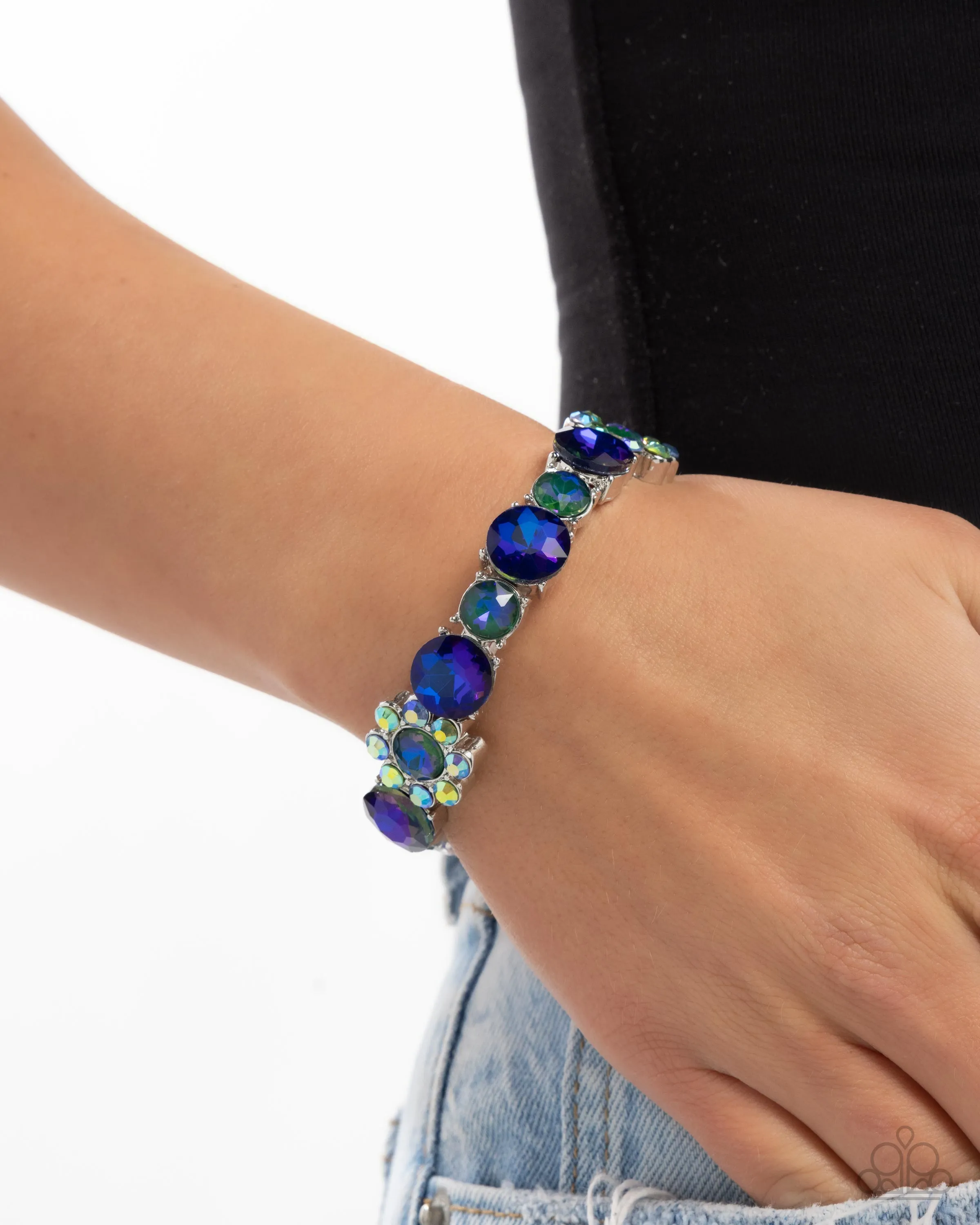 Floral Find - Green - and Blue Iridescent Rhinestone Flower Paparazzi Stretchy Bracelet